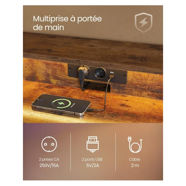Bureau Gaming 100 cm Avec Réhausse Marron Rustique LED + Multiprise Bureau de Jeu Gamer Bureau Informatique