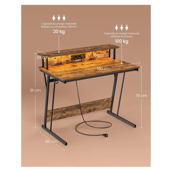 Bureau Gaming 100 cm Avec Réhausse Marron Rustique LED + Multiprise Bureau de Jeu Gamer Bureau Informatique