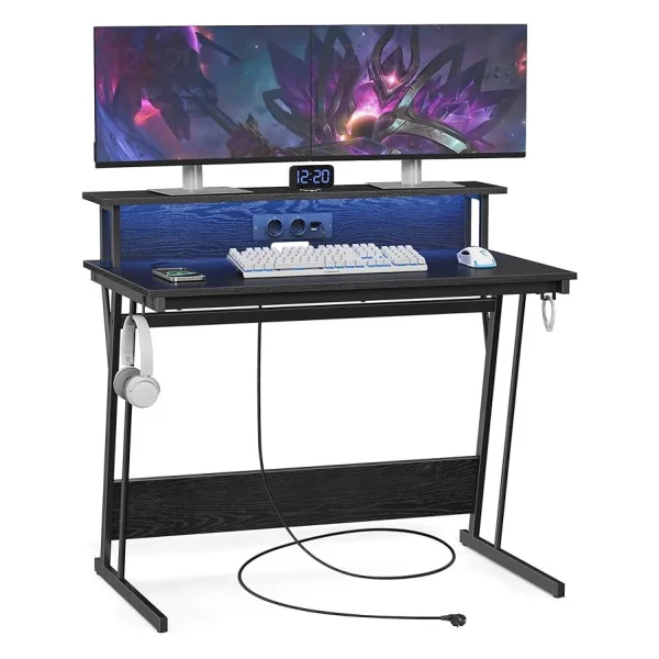 Bureau Gaming 100 cm Avec Réhausse Noir LED + Multiprise Bureau de Jeu Gamer Bureau Informatique