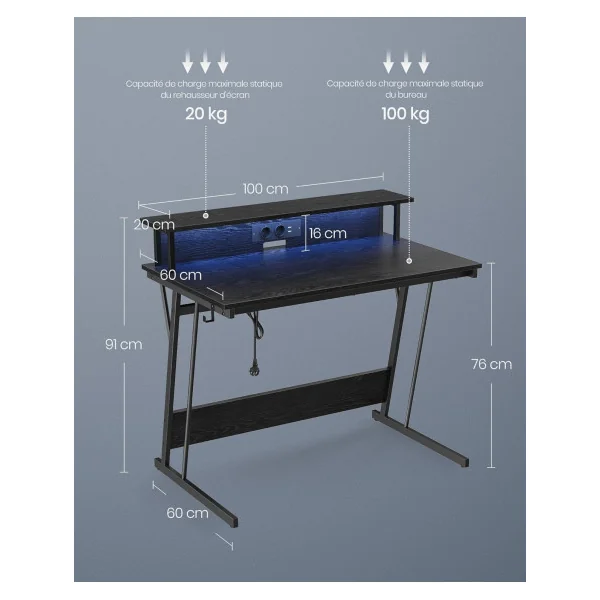 Bureau Gaming 100 cm Avec Réhausse Noir LED + Multiprise Bureau de Jeu Gamer Bureau Informatique