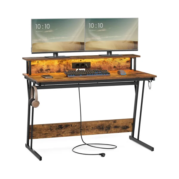 Bureau Gaming 120 cm Avec Réhausse Marron Rustique LED + Multiprise Bureau de Jeu Gamer Bureau Informatique