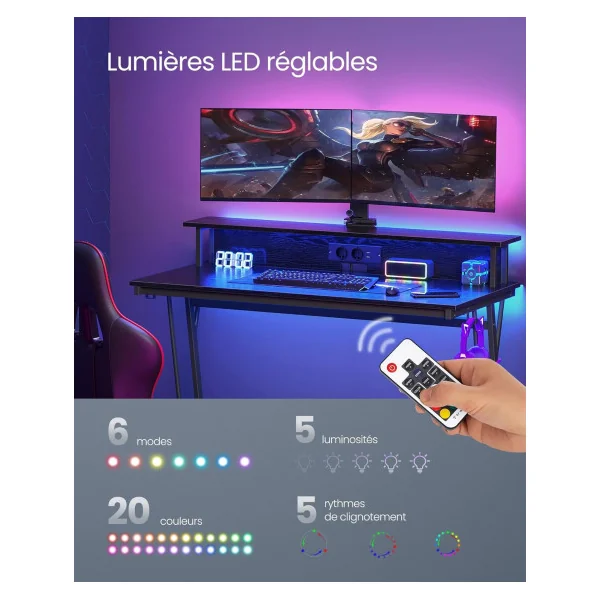 Bureau Gaming 120 cm Avec Réhausse Noir LED + Multiprise Bureau de Jeu Gamer Bureau Informatique