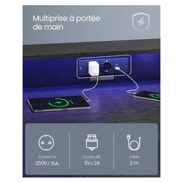 Bureau Gaming 120 cm Avec Réhausse Noir LED + Multiprise Bureau de Jeu Gamer Bureau Informatique