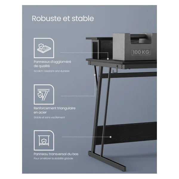 Bureau Gaming 120 cm Avec Réhausse Noir LED + Multiprise Bureau de Jeu Gamer Bureau Informatique