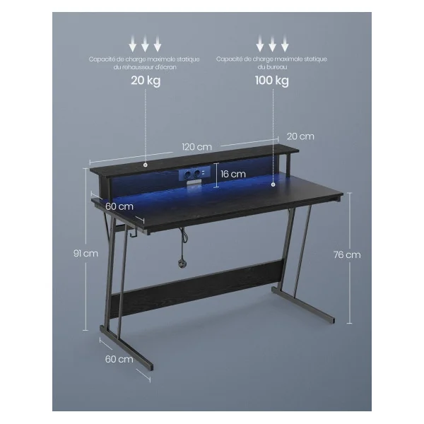 Bureau Gaming 120 cm Avec Réhausse Noir LED + Multiprise Bureau de Jeu Gamer Bureau Informatique