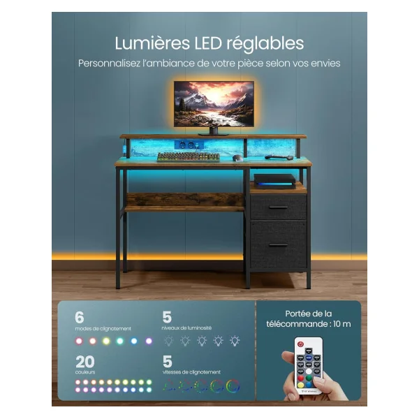 Bureau Gaming 120 cm Marron Rustique LED + Multiprise Bureau de Jeu Gamer Bureau Informatique