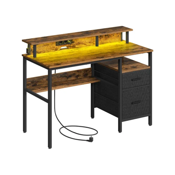 Bureau Gaming 120 cm Marron Rustique LED + Multiprise Bureau de Jeu Gamer Bureau Informatique