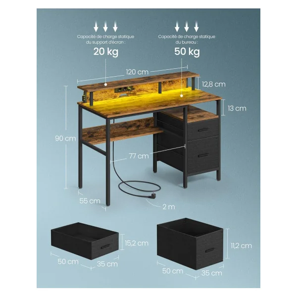 Bureau Gaming 120 cm Marron Rustique LED + Multiprise Bureau de Jeu Gamer Bureau Informatique