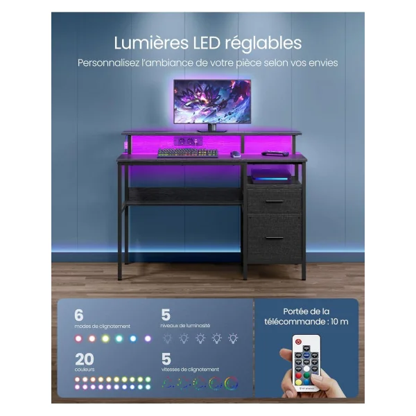 Bureau Gaming 120 cm Noir LED + Multiprise Bureau de Jeu Gamer Bureau Informatique