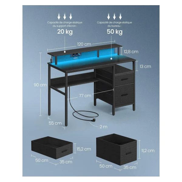 Bureau Gaming 120 cm Noir LED + Multiprise Bureau de Jeu Gamer Bureau Informatique