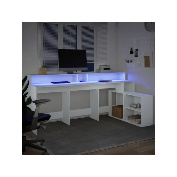 Bureau Gaming Bureau Blanc avec Lumières LED Bureau Gamer Table de Travail