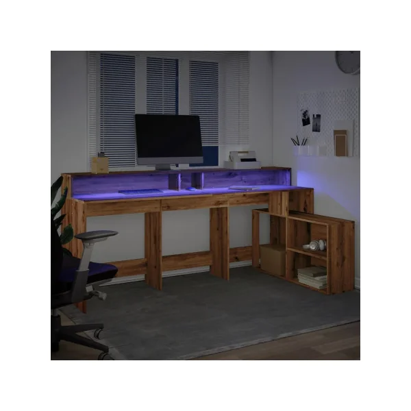 Bureau Gaming Bureau Chêne Artisan avec Lumières LED Bureau Gamer Table de Travail