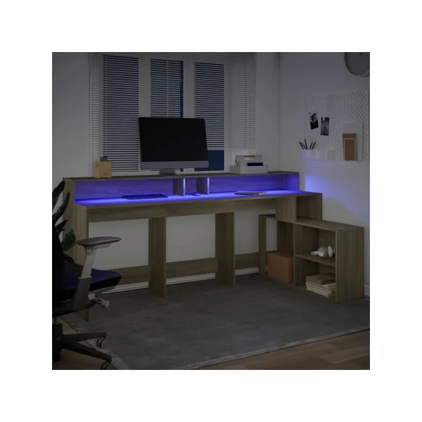 Bureau Gaming Bureau Chêne avec Lumières LED Bureau Gamer Table de Travail
