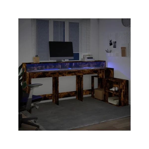 Bureau Gaming Bureau Chêne Fumé avec Lumières LED Bureau Gamer Table de Travail