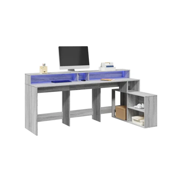 Bureau Gaming Bureau Chêne Gris avec Lumières LED Bureau Gamer Table de Travail