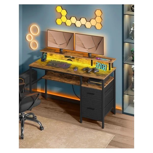 Bureau Gaming Marron Rustique LED + Multiprise Bureau de Jeu Gamer Bureau Informatique