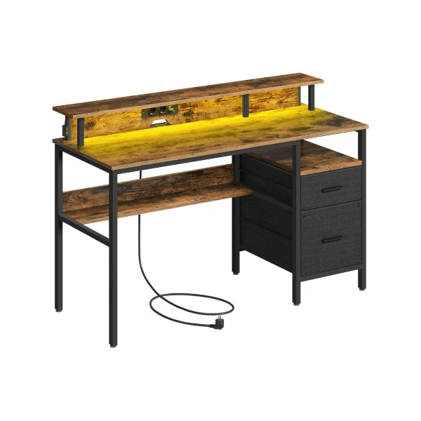 Bureau Gaming Marron Rustique LED + Multiprise Bureau de Jeu Gamer Bureau Informatique