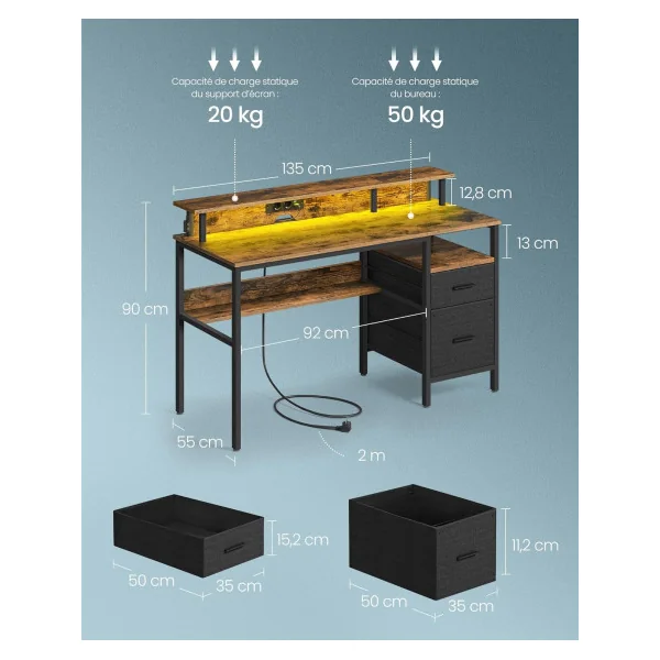 Bureau Gaming Marron Rustique LED + Multiprise Bureau de Jeu Gamer Bureau Informatique