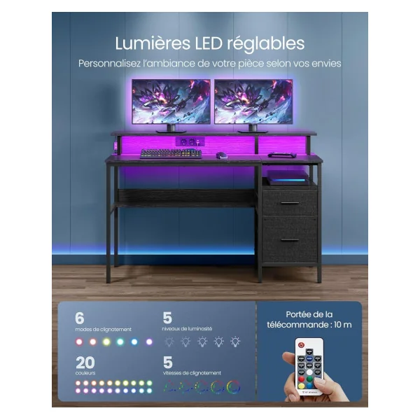 Bureau Gaming Noir LED + Multiprise Bureau de Jeu Gamer Bureau Informatique