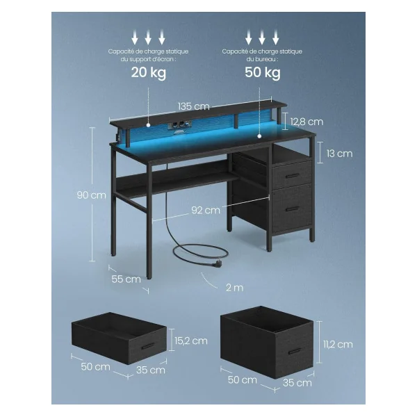 Bureau Gaming Noir LED + Multiprise Bureau de Jeu Gamer Bureau Informatique