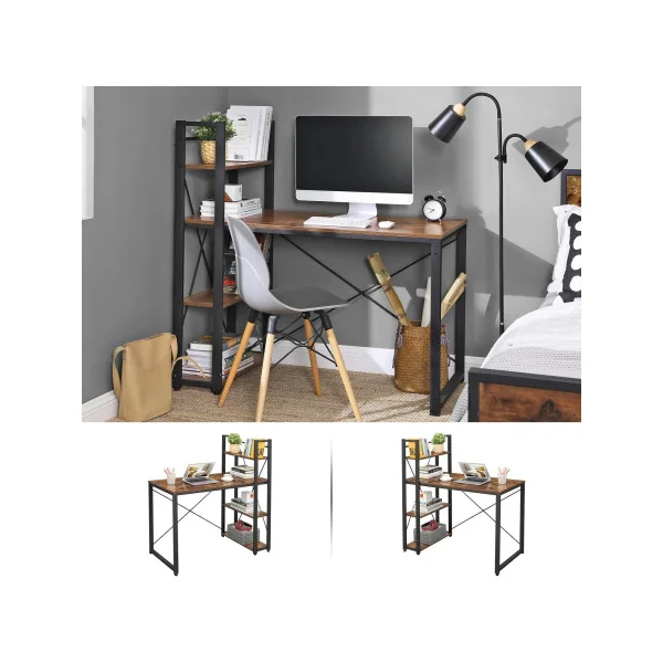 Bureau Industriel 120 cm Brun Rustique et Noir Bureau Informatique avec Etagères