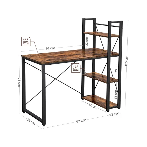 Bureau Industriel 120 cm Brun Rustique et Noir Bureau Informatique avec Etagères