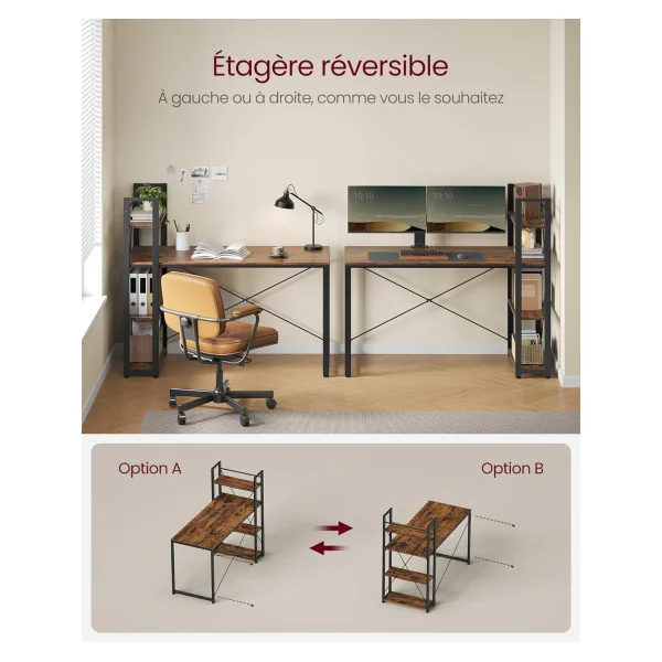 Bureau Industriel 137 cm Brun Rustique et Noir Bureau Informatique avec Etagères