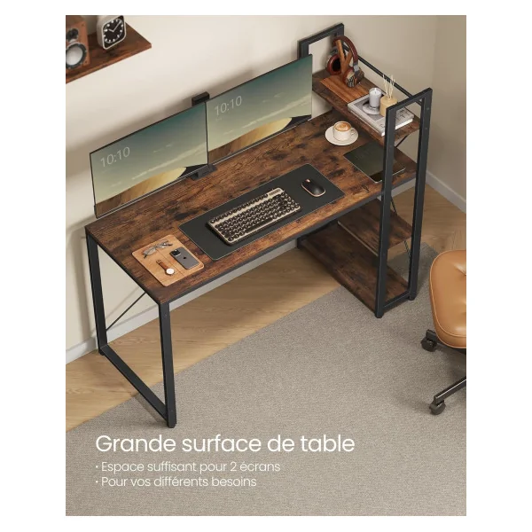 Bureau Industriel 137 cm Brun Rustique et Noir Bureau Informatique avec Etagères