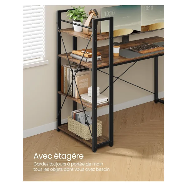 Bureau Industriel 137 cm Brun Rustique et Noir Bureau Informatique avec Etagères