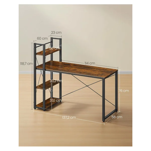 Bureau Industriel 137 cm Brun Rustique et Noir Bureau Informatique avec Etagères