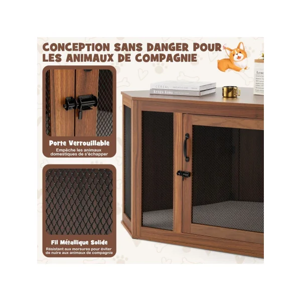 Cage Chien Intérieur Brun avec Porte Vérouillable Cage Chat d'Angle