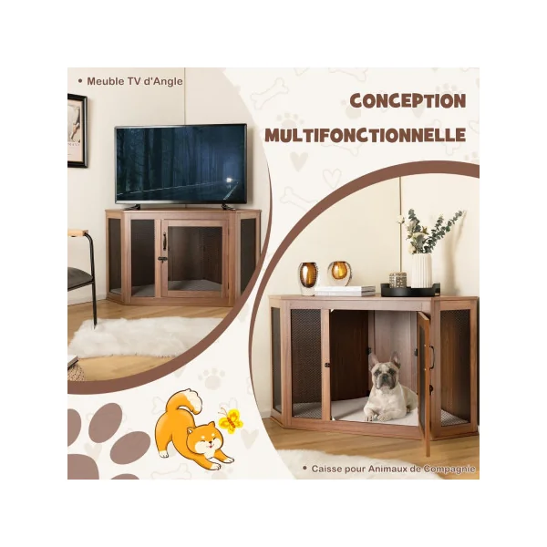 Cage Chien Intérieur Brun avec Porte Vérouillable Cage Chat d'Angle
