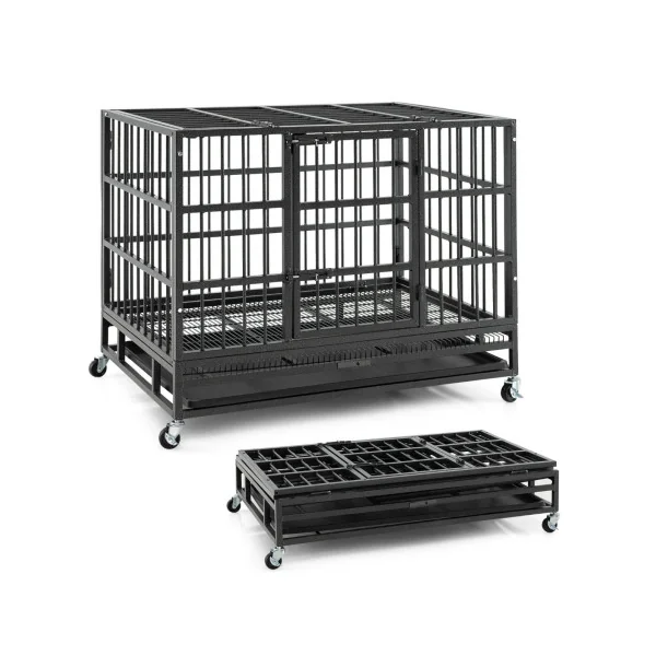 Cage Chien à Barreaux Pliable Cage Intérieur Mobile en Métal Plateau Amovible