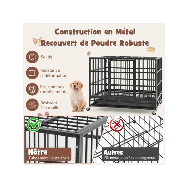 Cage Chien à Barreaux Pliable Cage Intérieur Mobile en Métal Plateau Amovible