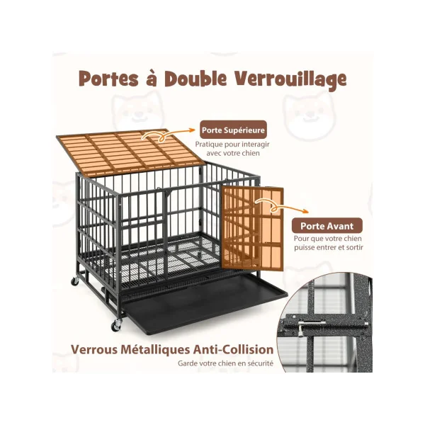 Cage Chien à Barreaux Pliable Cage Intérieur Mobile en Métal Plateau Amovible