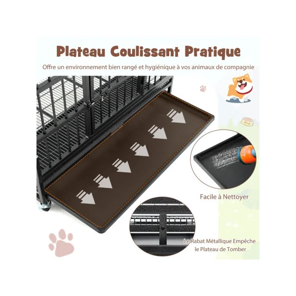 Cage Chien à Barreaux Pliable Cage Intérieur Mobile en Métal Plateau Amovible