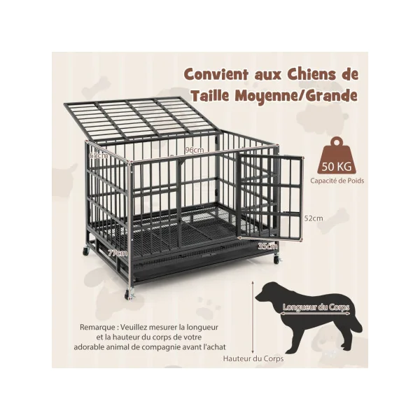 Cage Chien à Barreaux Pliable Cage Intérieur Mobile en Métal Plateau Amovible