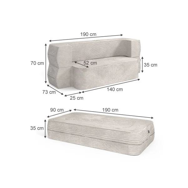 Canapé 2/3 Places Beige Design Rainuré Canapé Convertible Lit 190x90 cm