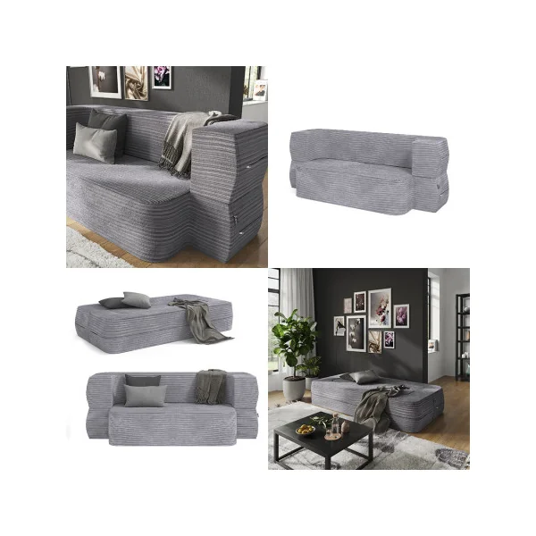 Canapé 2/3 Places Gris Design Rainuré Canapé Convertible Lit 190x90 cm