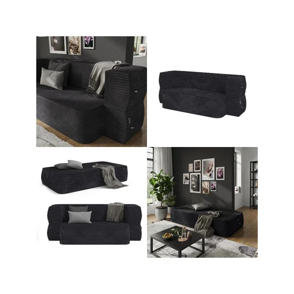 Canapé 2/3 Places Noir Design Rainuré Canapé Convertible Lit 190x90 cm