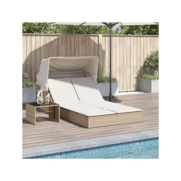 Chaise Longue Double Beige avec Auvent Résine Tressée Transat Jardin Double