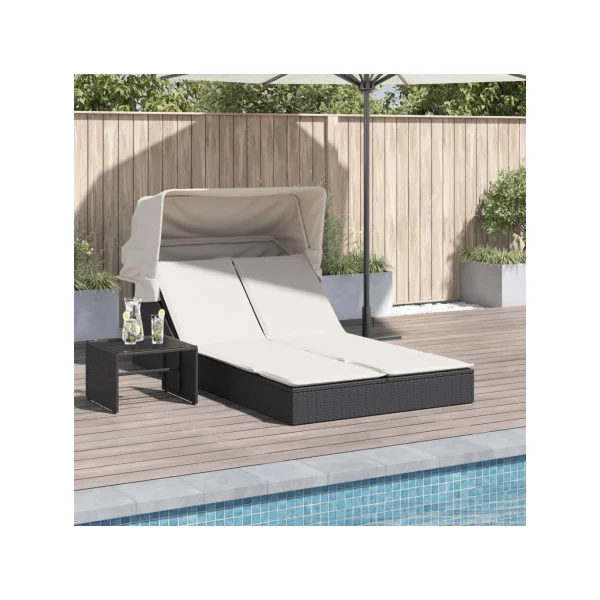 Chaise Longue Double Noir avec Auvent Résine Tressée Transat Jardin Double