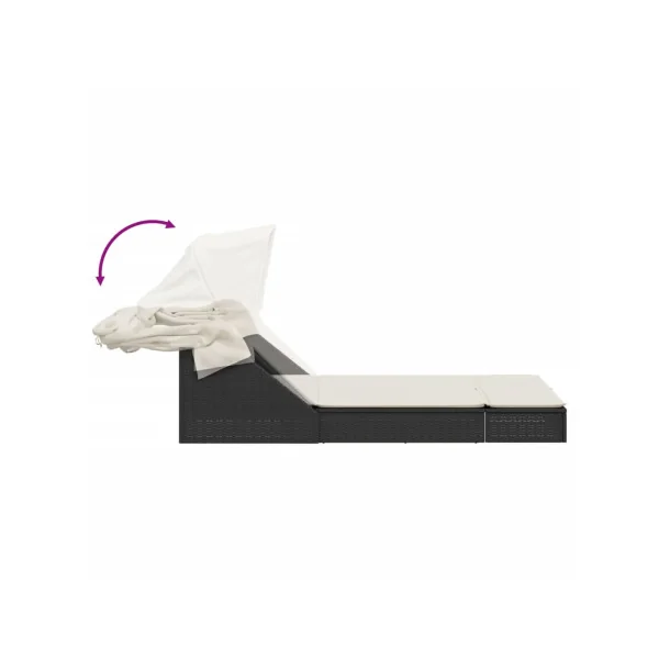 Chaise Longue Double Noir avec Auvent Résine Tressée Transat Jardin Double