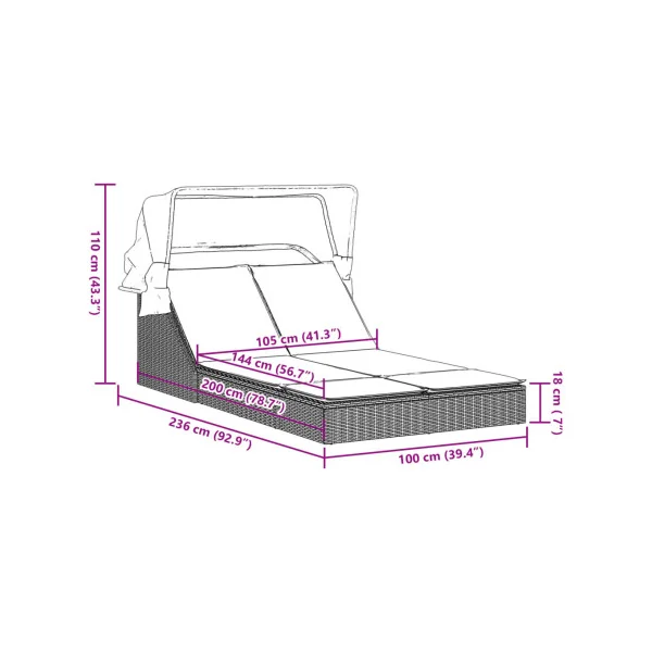 Chaise Longue Double Noir avec Auvent Résine Tressée Transat Jardin Double