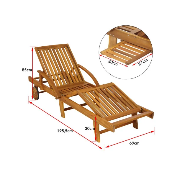 Chaise Longue en Acacia Massif 4 Positions Bain de Soleil Transat Jardin