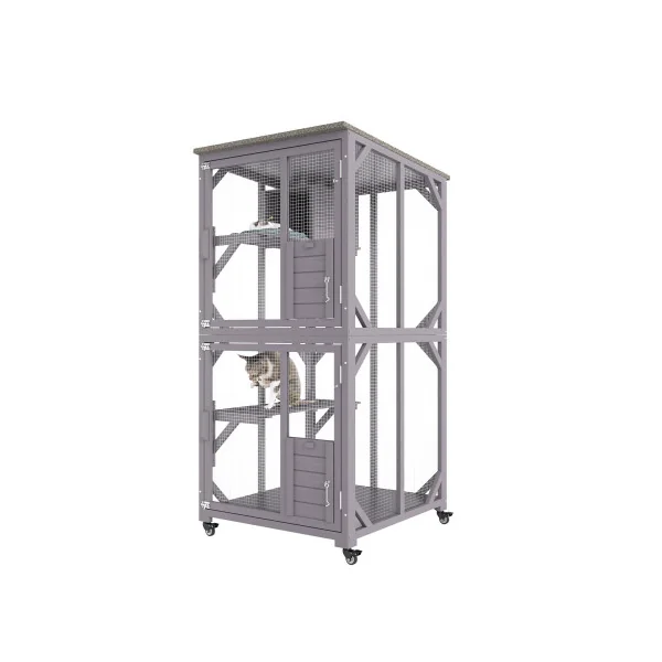 Chatière en bois Cage Chat Mobile Enclos Grillagé en Sapin Massif Parc Chat Abri Chat en Bois