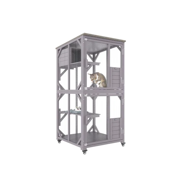 Chatière en bois Cage Chat Mobile Enclos Grillagé en Sapin Massif Parc Chat Abri Chat en Bois