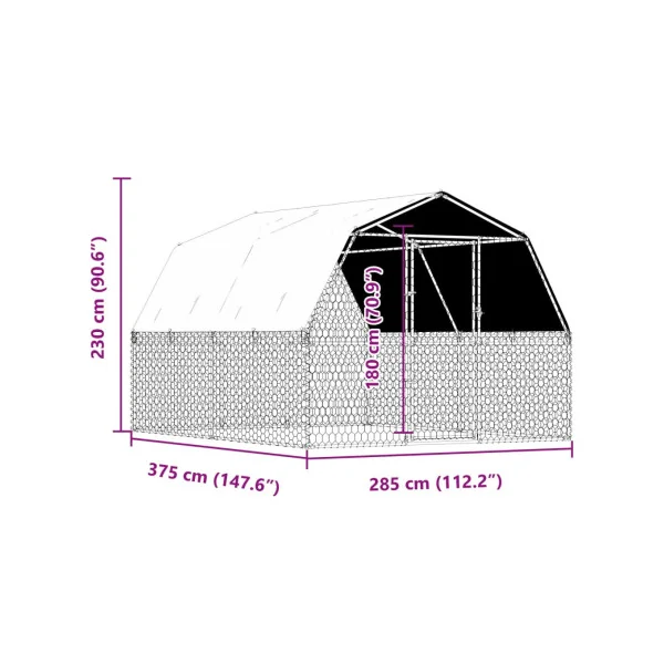 Chenil Grillagé + Toit 3,75x2,85x2,30m Enclos Extérieur 10,68m² Galvanisé pour Chien