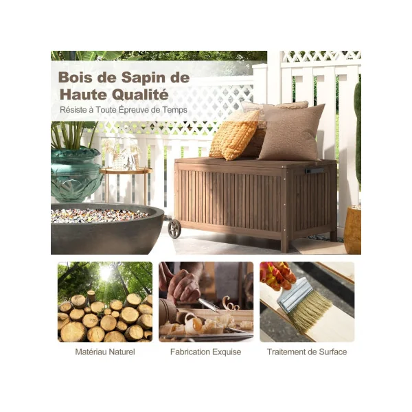 Coffre Jardin Mobile Marron 213 L Boîte de Jardin en Bois Sapin Massif Coffre Rangement Balcon Terrasse