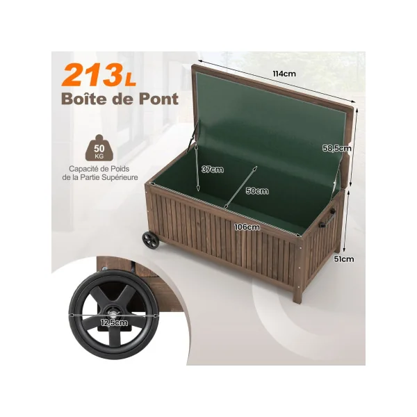 Coffre Jardin Mobile Marron 213 L Boîte de Jardin en Bois Sapin Massif Coffre Rangement Balcon Terrasse